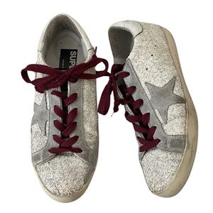 Golden Goose white glitter sneakers, gray suede stars, maroon laces - size 8